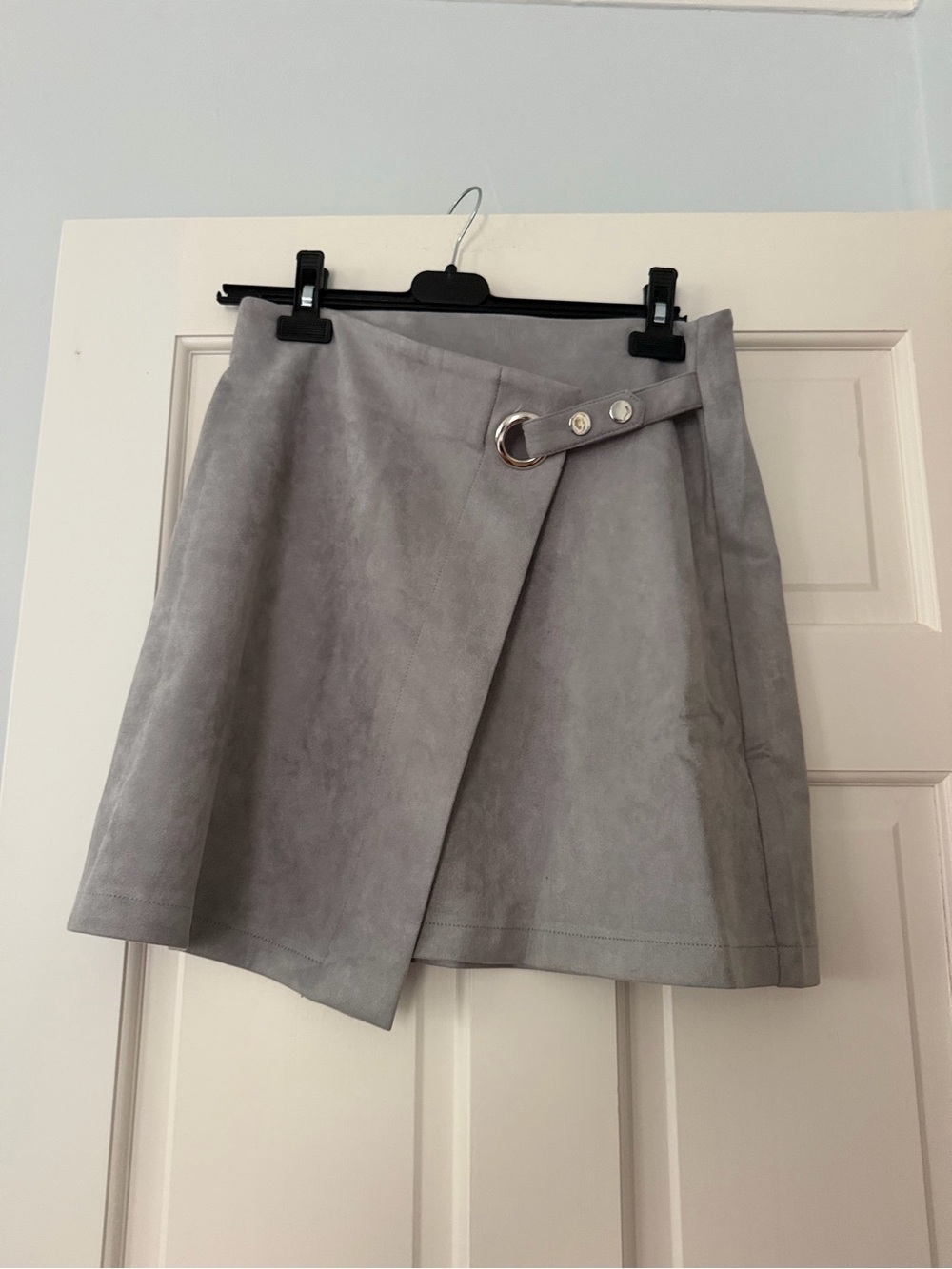 Gray Faux Suede Wrap Skirt with Ring Detail
